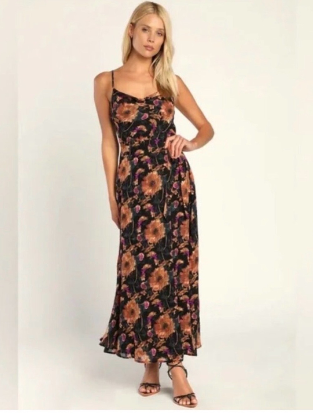 Lulus Dramatic Darling Floral Cowl Neck Wrap Dress